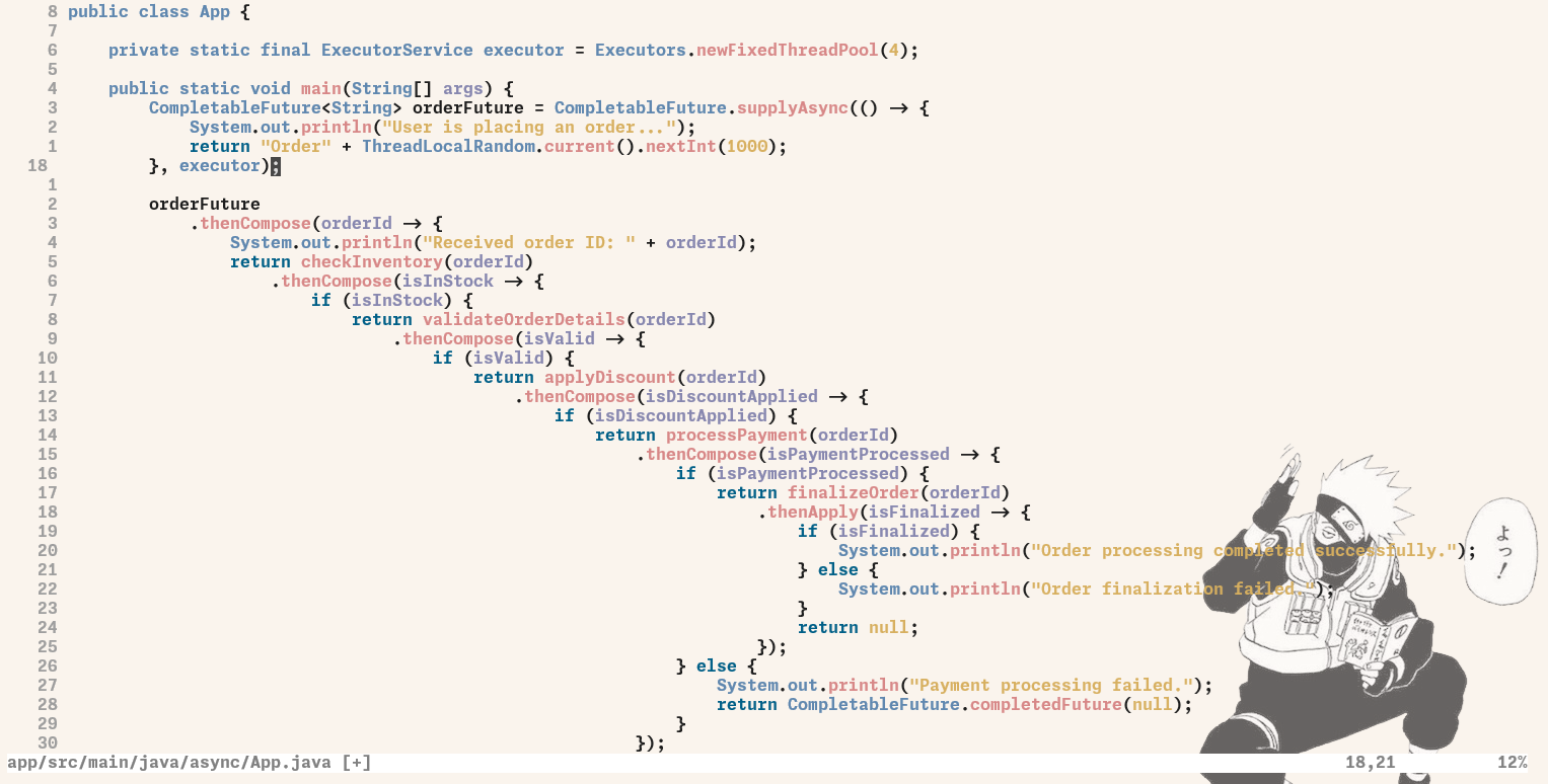 Lots of nested callbacks inside of each other to showcase async messiness