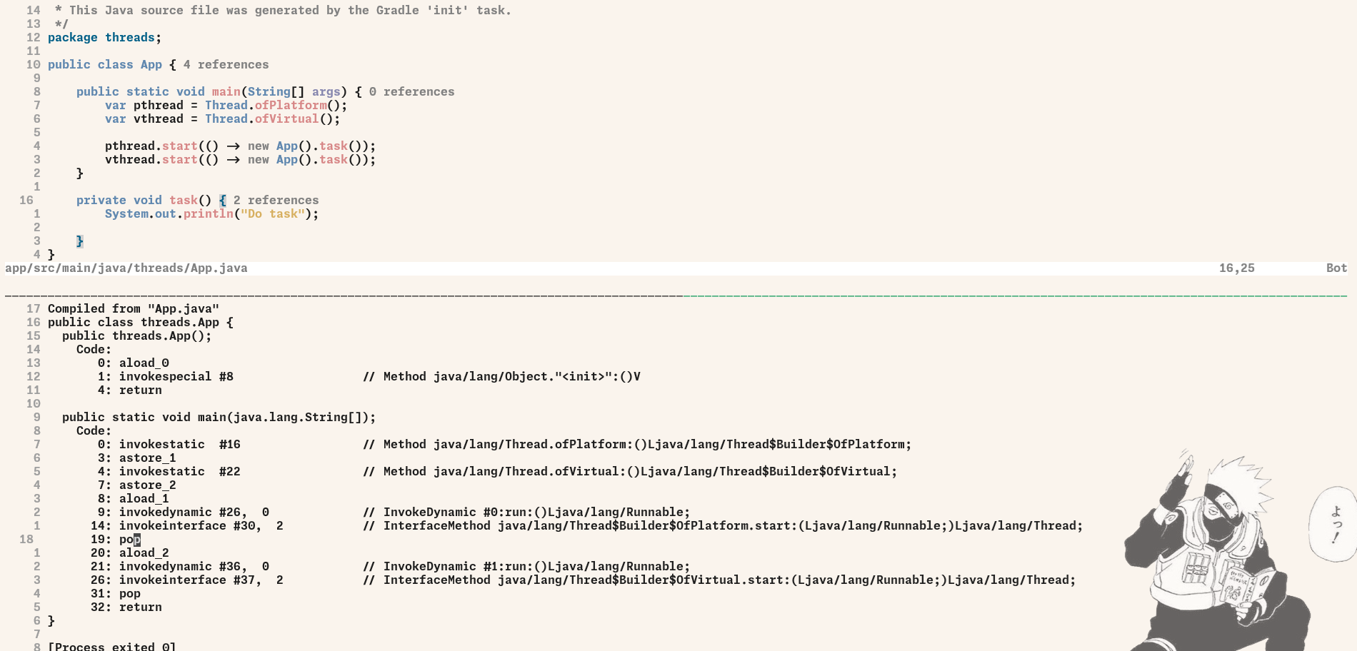 Bytecode of a pthread vs vthread